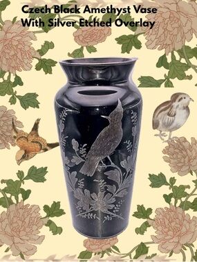 Black opaque glass vase, etched design of a crested 🕊️perched on a floral branch